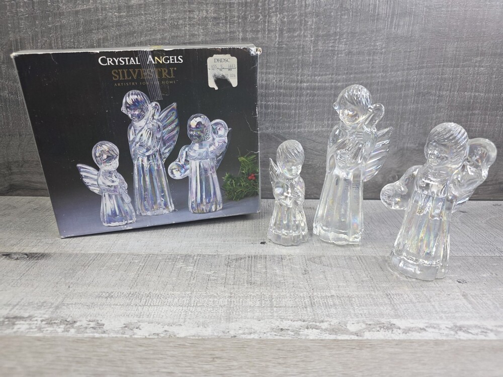 Silvestri Iridescent Art Glass Angel Figurines Playing Music Solid Vtg Box b307